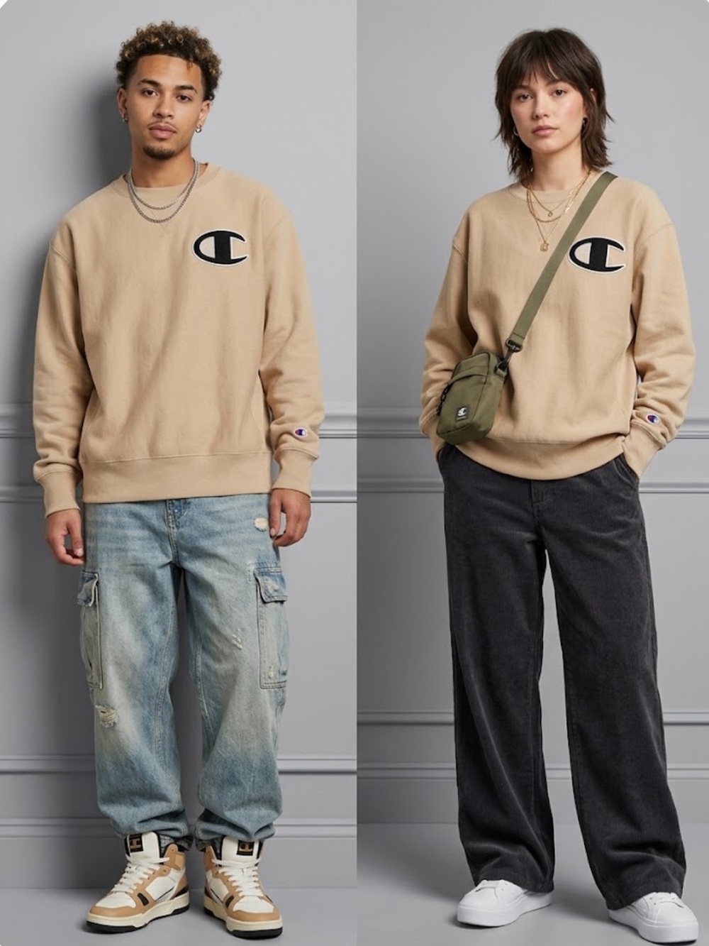 Champion Beige Crewneck Sweatshirt with Black Logo, unisex style.